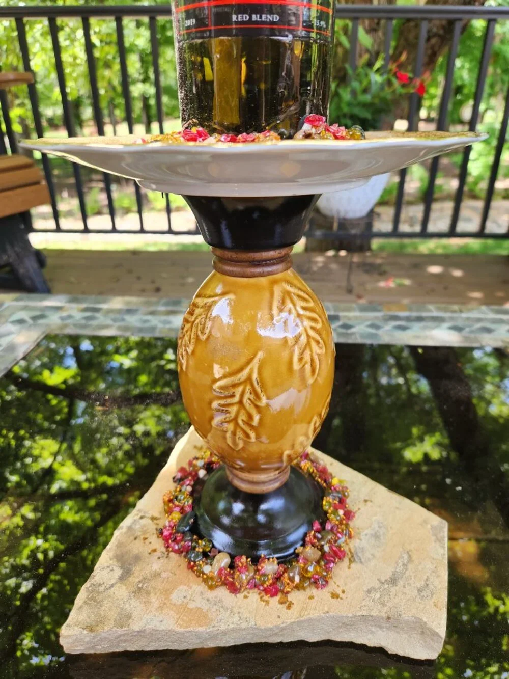 Upcycled Tiki Torch Wine Bottle Stone Bead Accent Flagstone Base